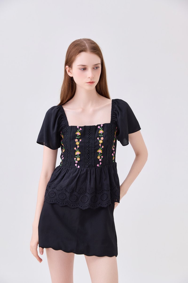 Rosalie Embroidered Eyelet Babydoll Top In Black
