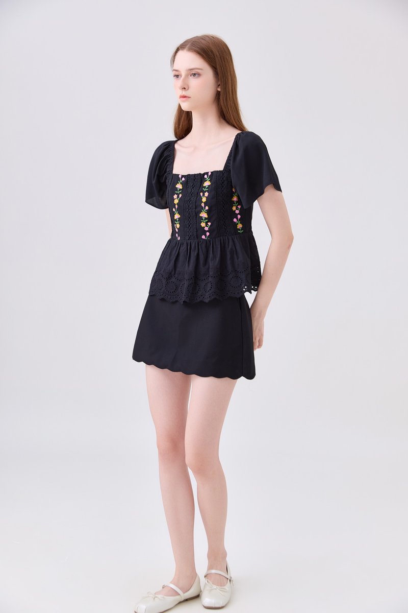 Rosalie Embroidered Eyelet Babydoll Top In Black