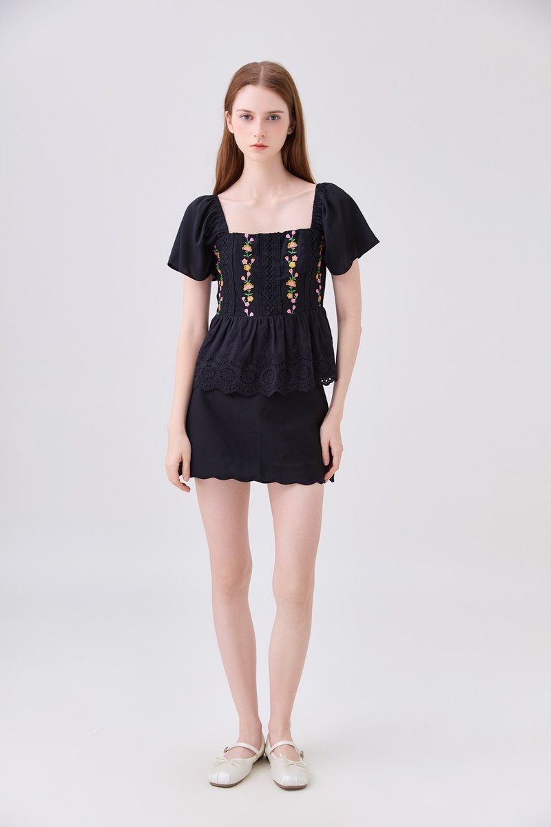 Rosalie Embroidered Eyelet Babydoll Top In Black