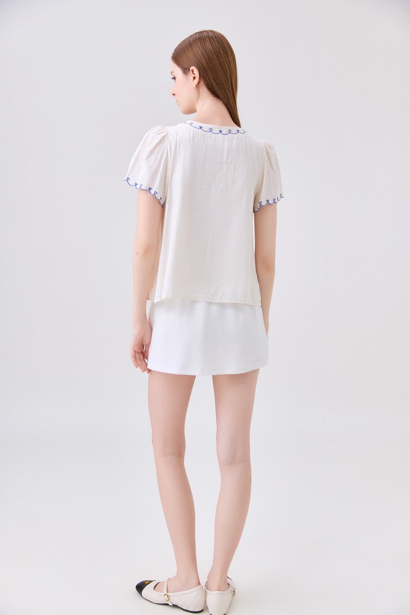 Bailey Embroidered Pintuck Ribbon Top In Off-White