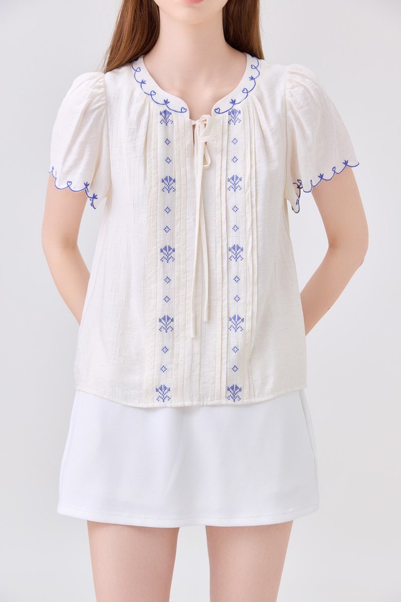 Bailey Embroidered Pintuck Ribbon Top In Off-White