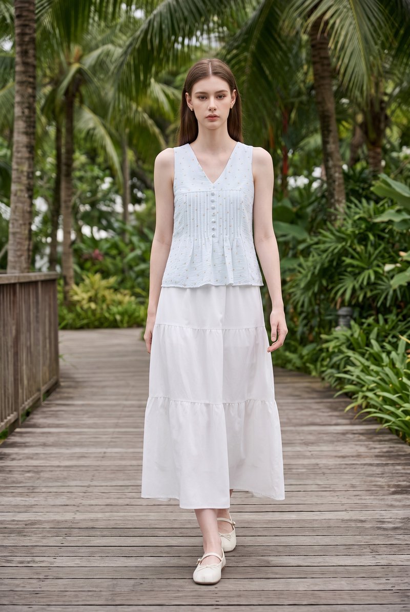 Eleanora Pintuck Floral Button Top In Tiffany Blue