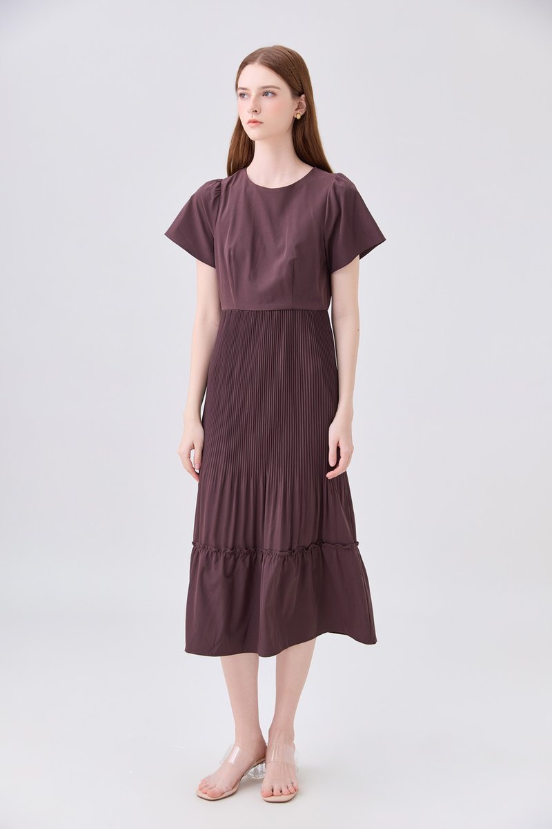 Teresa Pressed Pleat Midi Dress In Brown