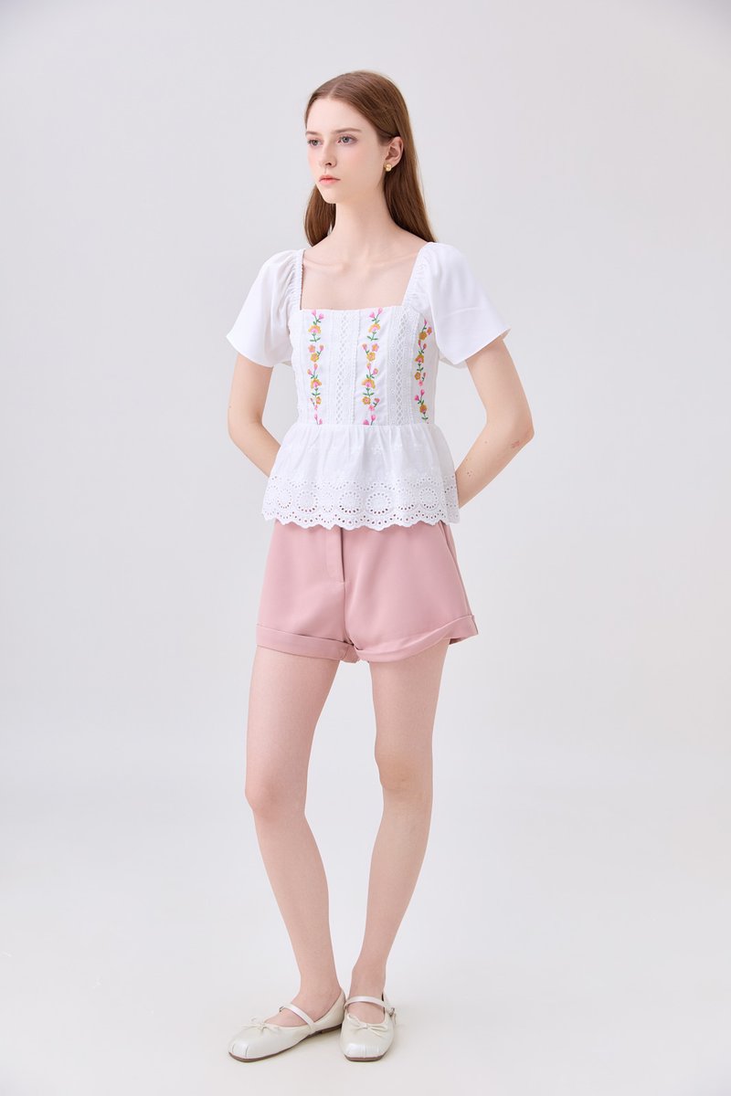 Rosalie Embroidered Eyelet Babydoll Top In White