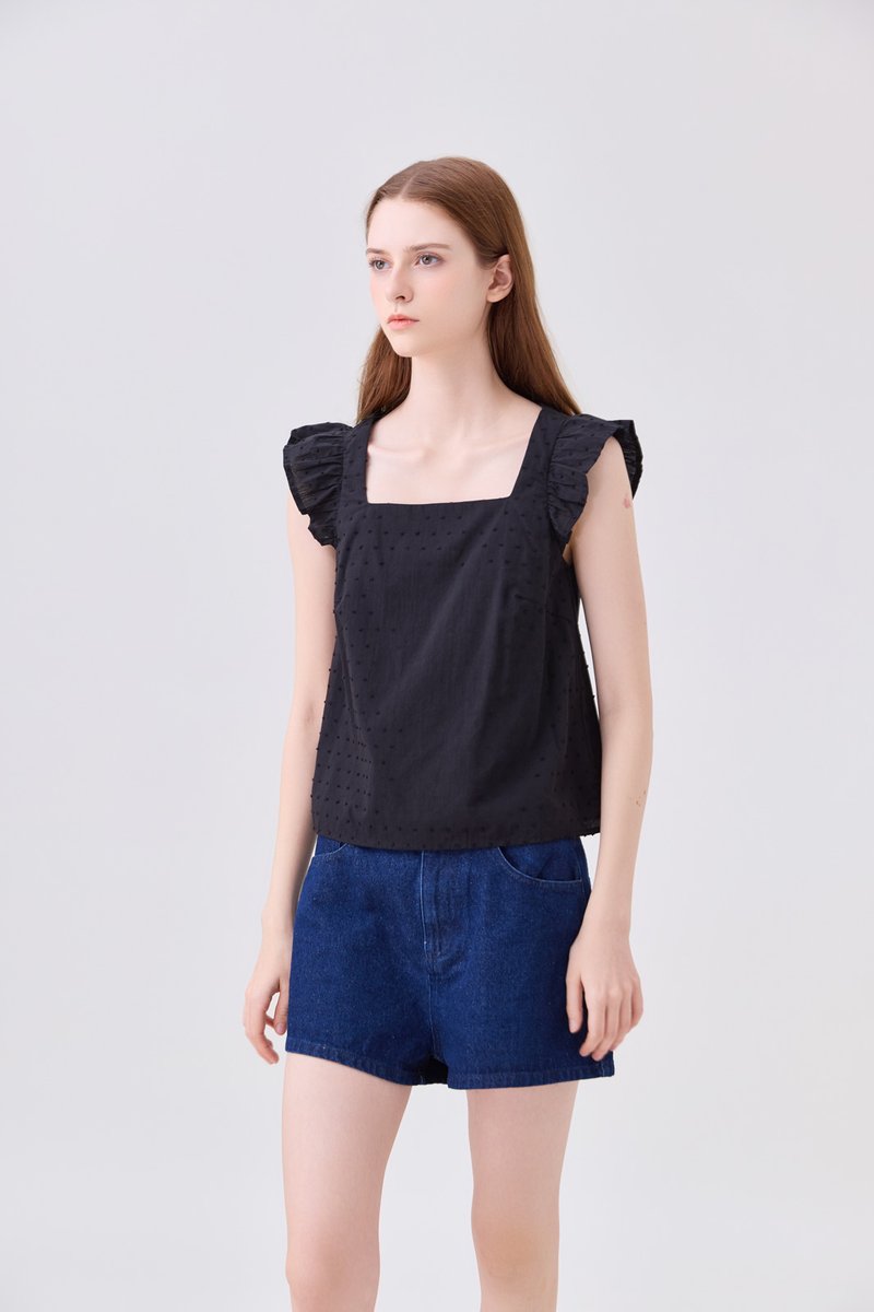 Delaney Swiss Dot Ruffles Top In Black
