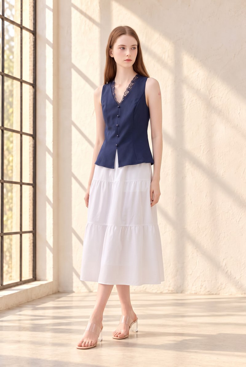Lydia Lace Button Top In Navy
