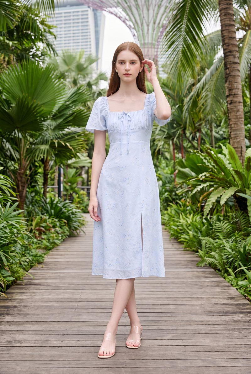 Soraya Ruched Floral Midi Dress In Soft Blue