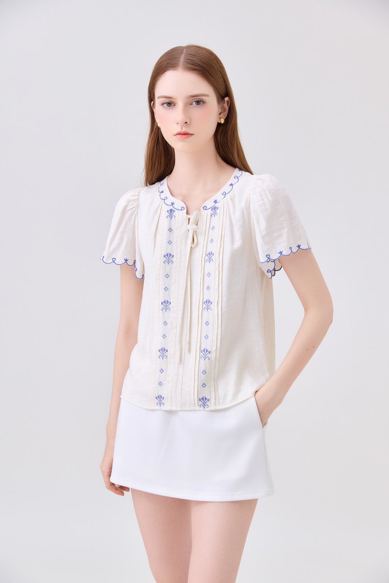 Bailey Embroidered Pintuck Ribbon Top In Off-White