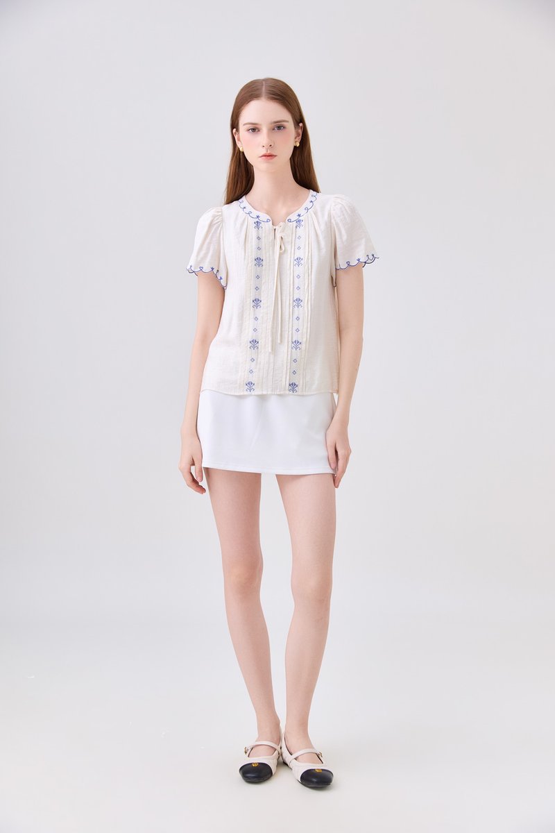 Bailey Embroidered Pintuck Ribbon Top In Off-White