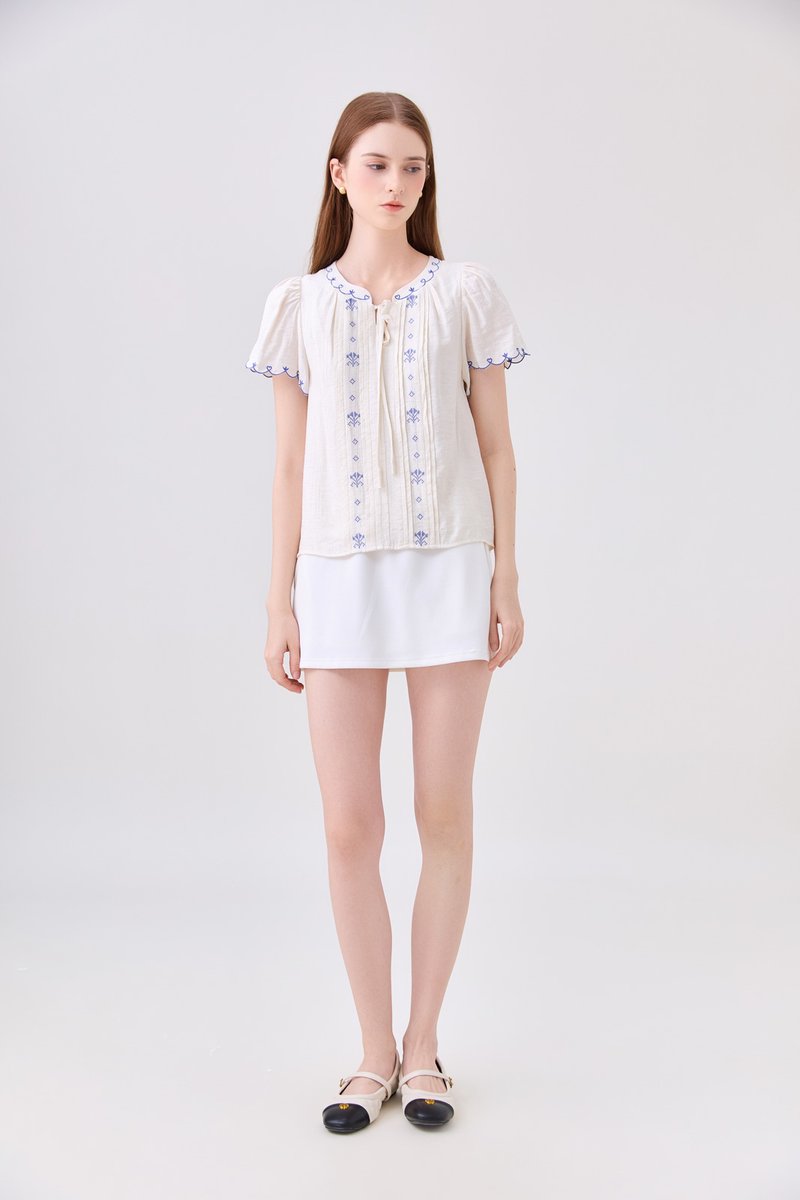 Bailey Embroidered Pintuck Ribbon Top In Off-White
