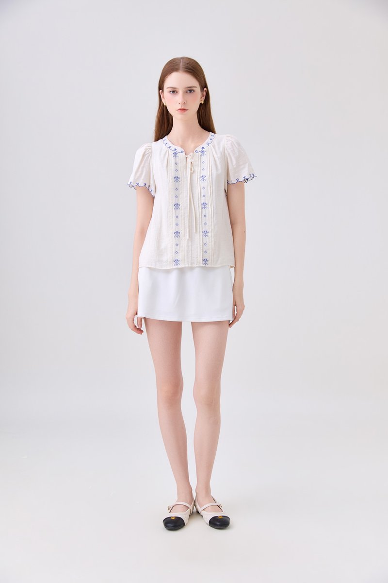 Bailey Embroidered Pintuck Ribbon Top In Off-White