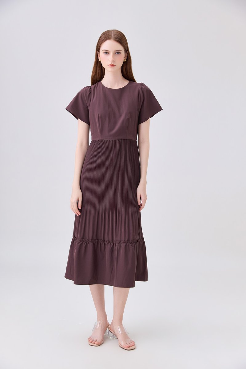 Teresa Pressed Pleat Midi Dress In Brown