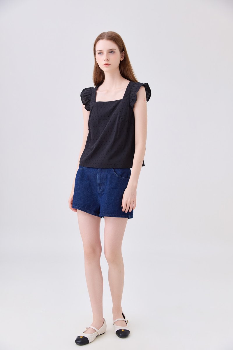 Delaney Swiss Dot Ruffles Top In Black