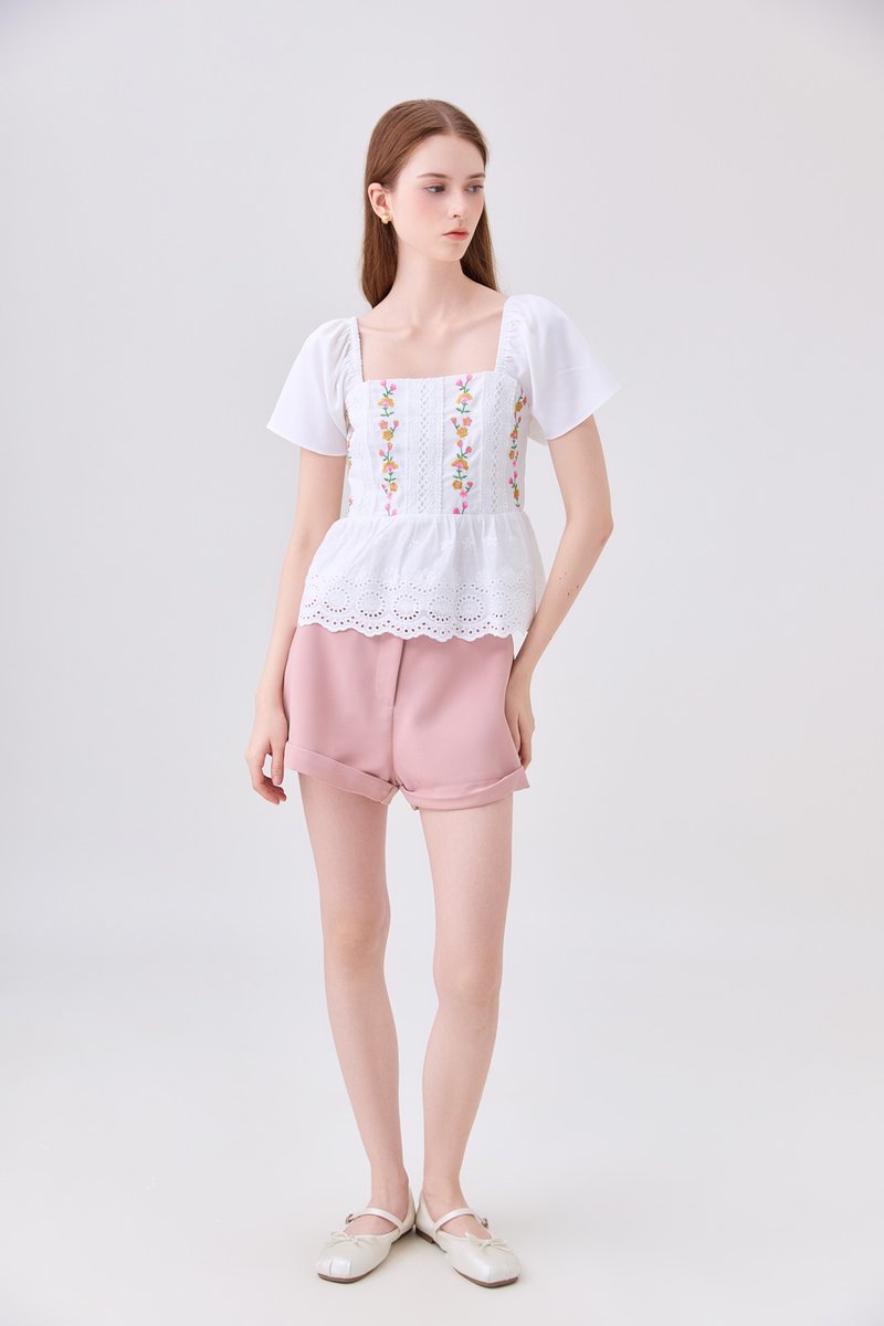 Rosalie Embroidered Eyelet Babydoll Top In White