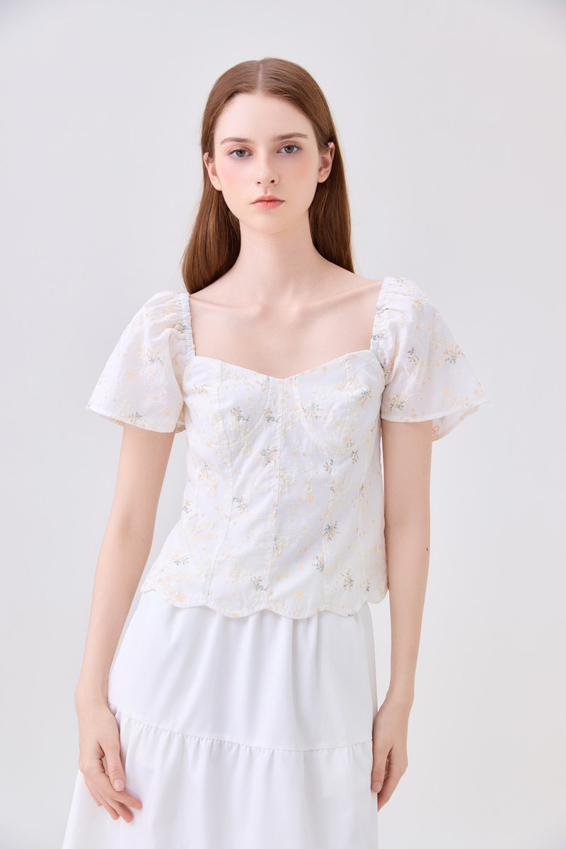 Milani Embroidery Panelled Floral Top In Cream
