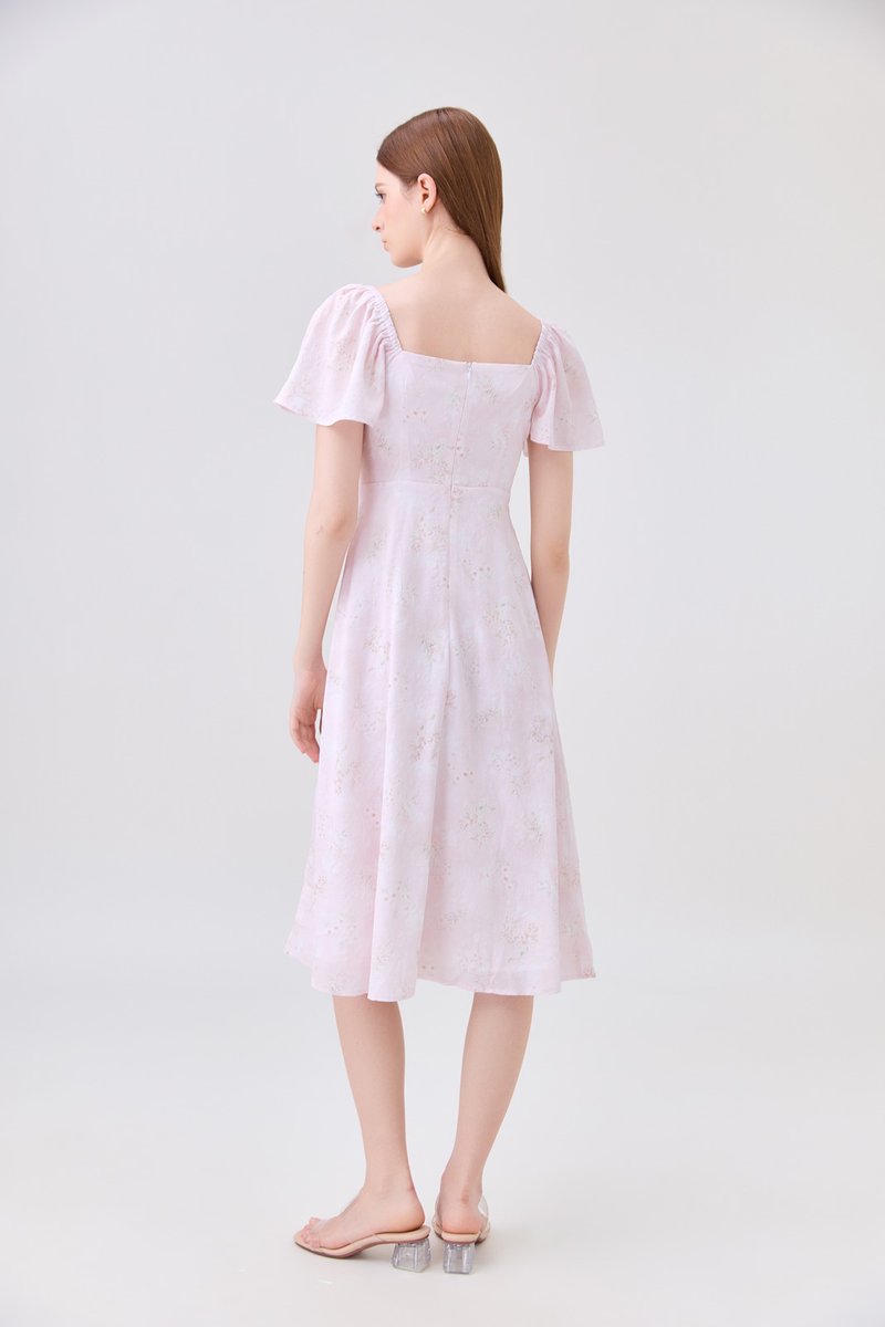Soraya Ruched Floral Midi Dress In Pink