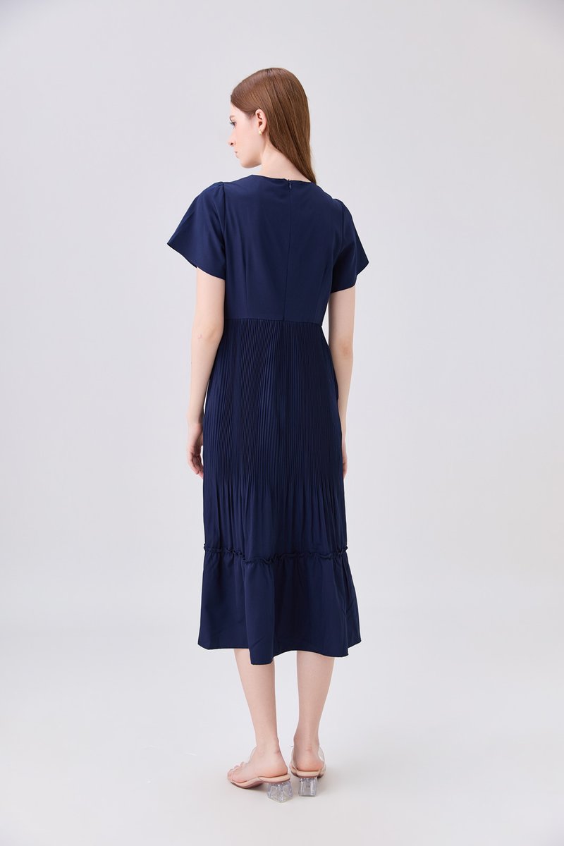 Teresa Pressed Pleat Midi Dress In Navy