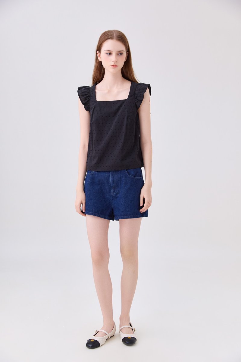 Delaney Swiss Dot Ruffles Top In Black