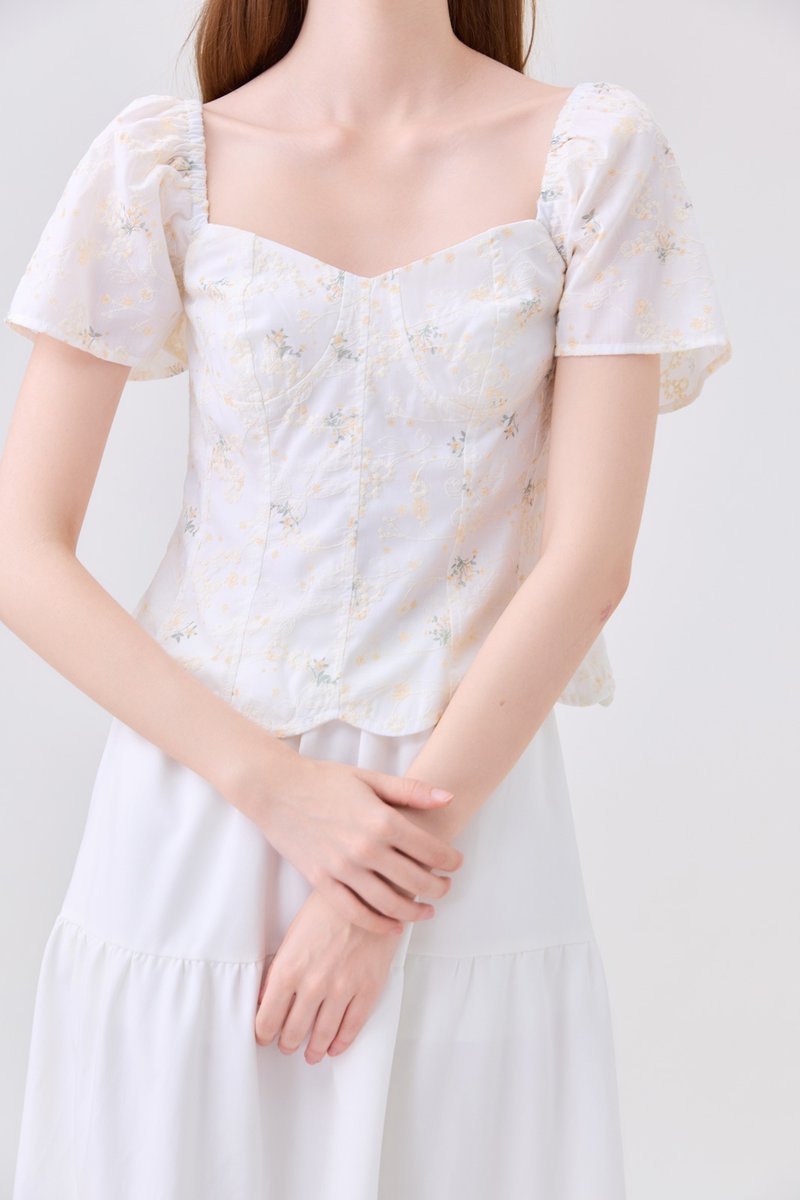 Milani Embroidery Panelled Floral Top In Cream