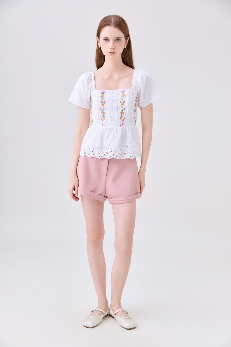 Rosalie Embroidered Eyelet Babydoll Top In White