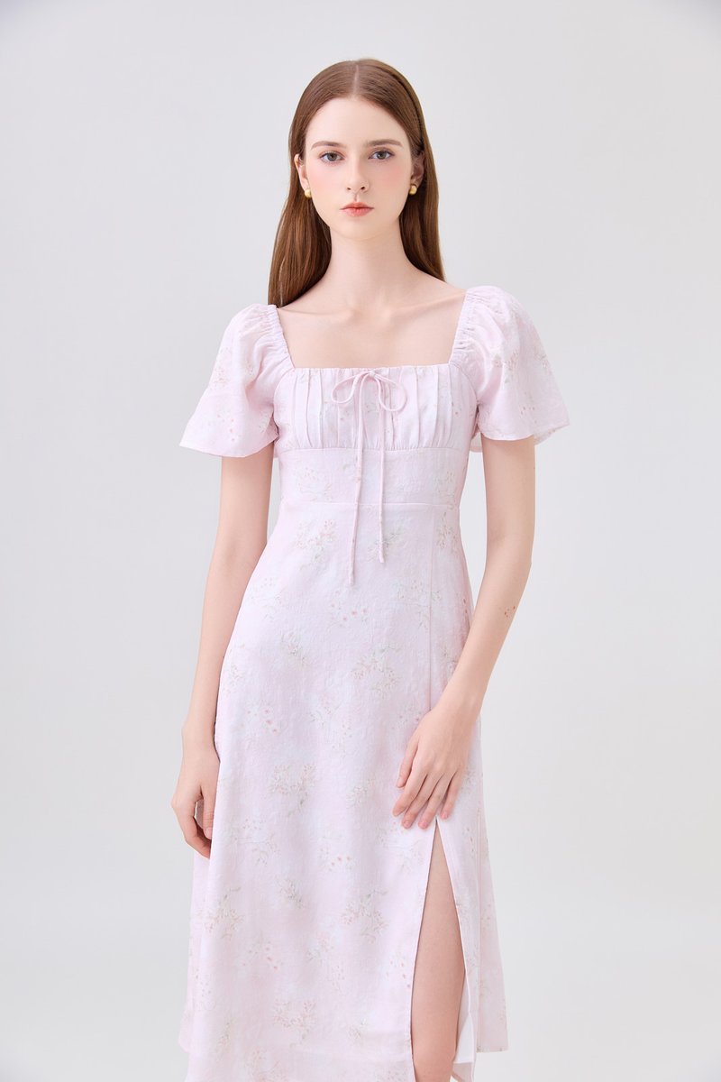 Soraya Ruched Floral Midi Dress In Pink