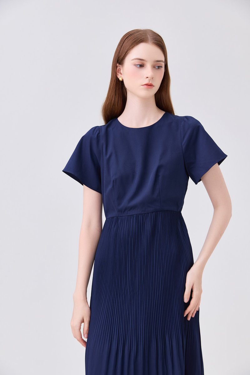 Teresa Pressed Pleat Midi Dress In Navy