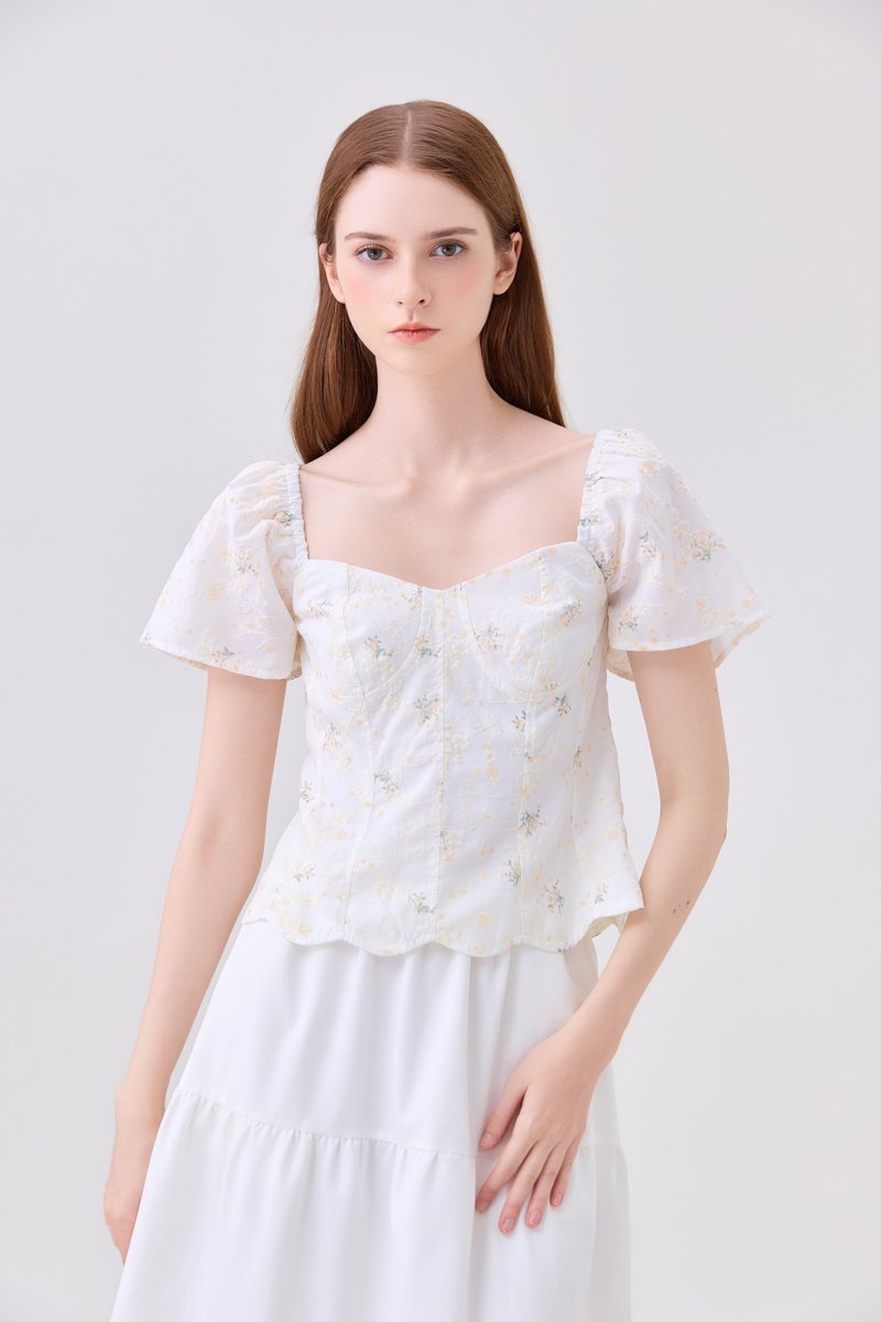 Milani Embroidery Panelled Floral Top In Cream