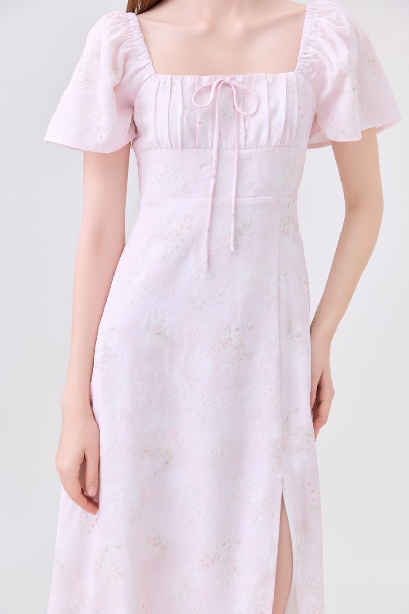 Soraya Ruched Floral Midi Dress In Pink