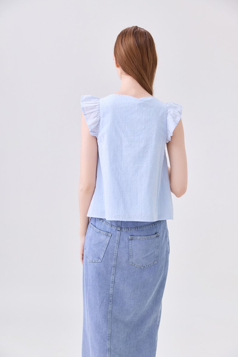 Delaney Swiss Dot Ruffles Top In Powder Blue
