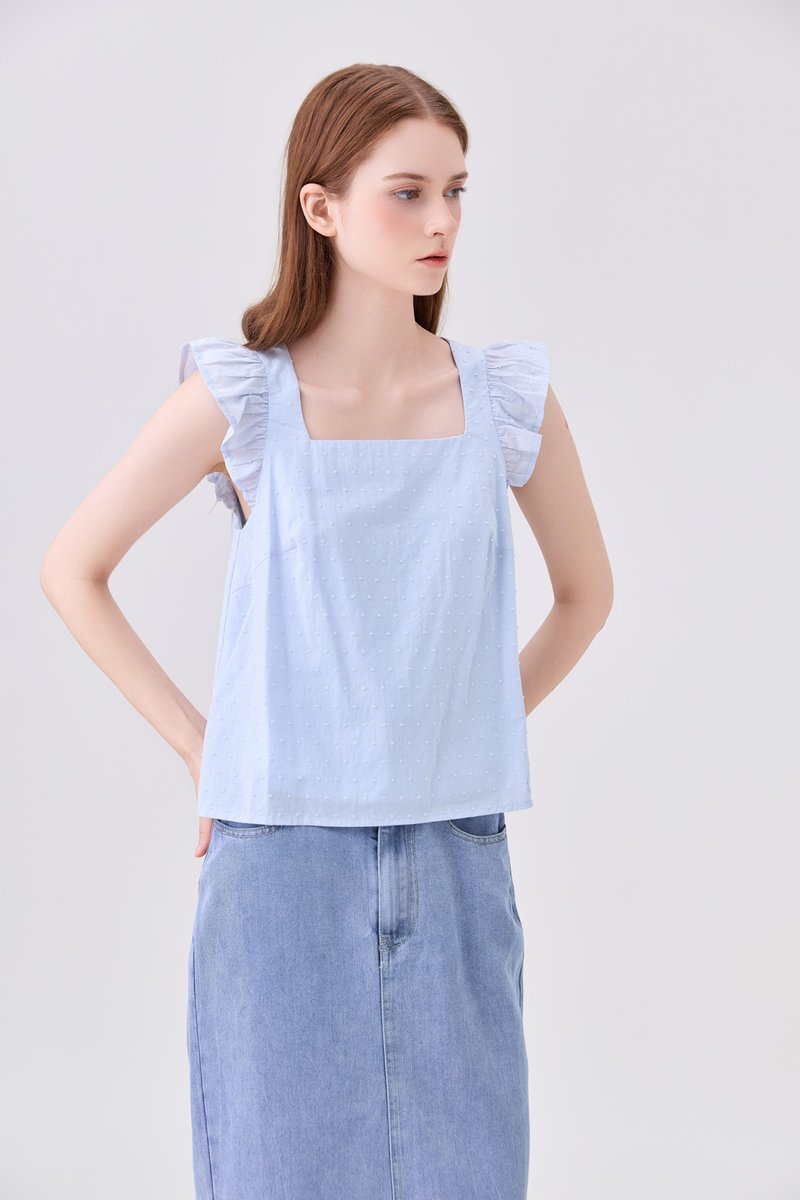 Delaney Swiss Dot Ruffles Top In Powder Blue