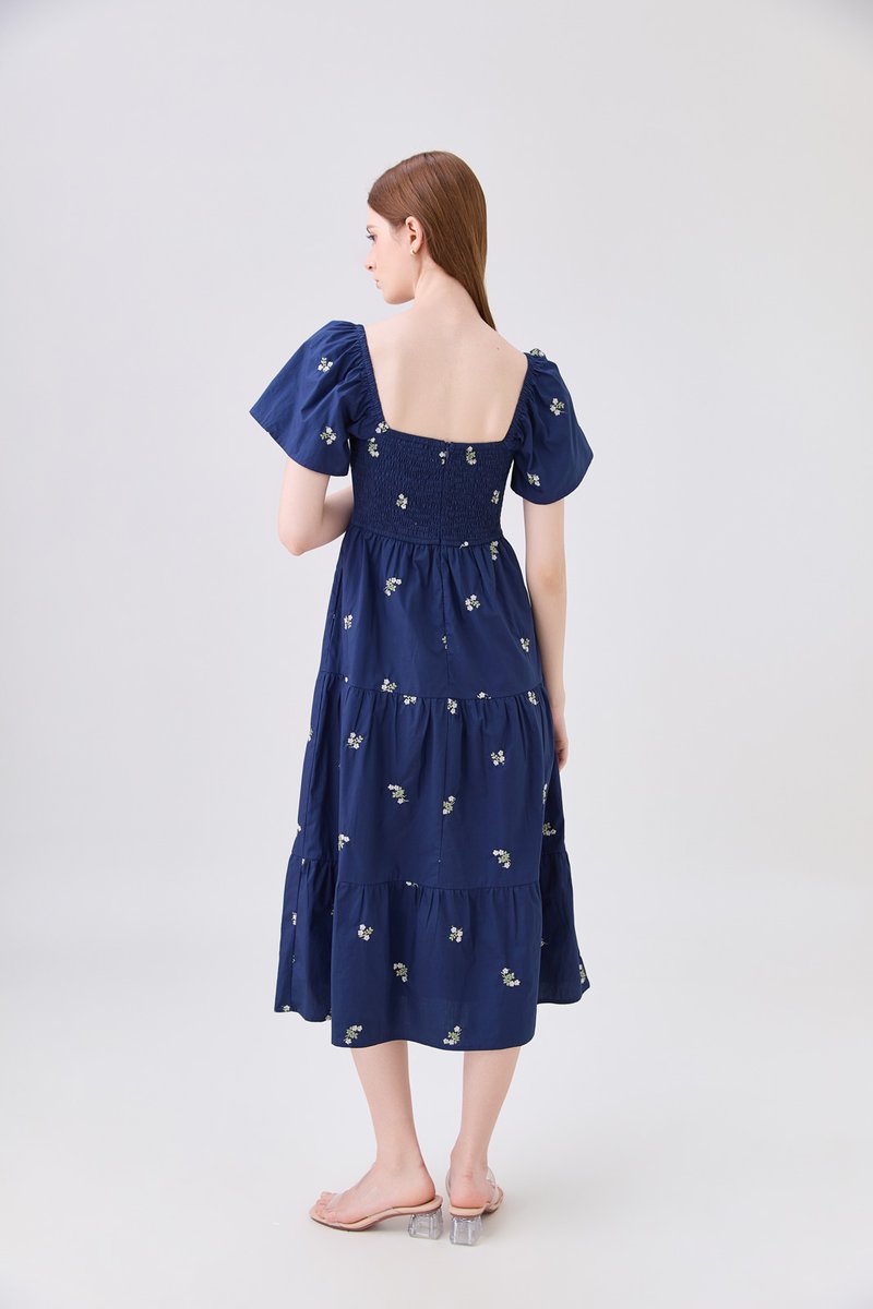 *ONLINE EXCLUSIVE* Elaina Embroidery Floral Crochet Midi Dress In Navy
