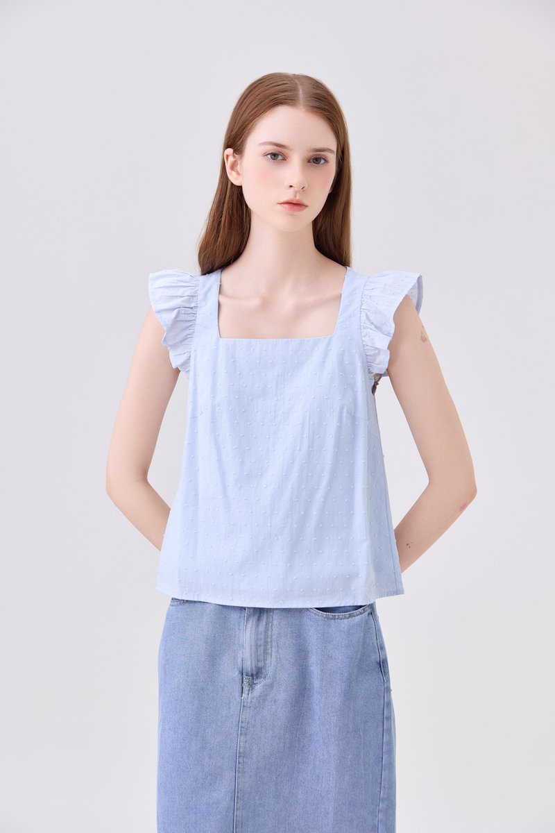 Delaney Swiss Dot Ruffles Top In Powder Blue