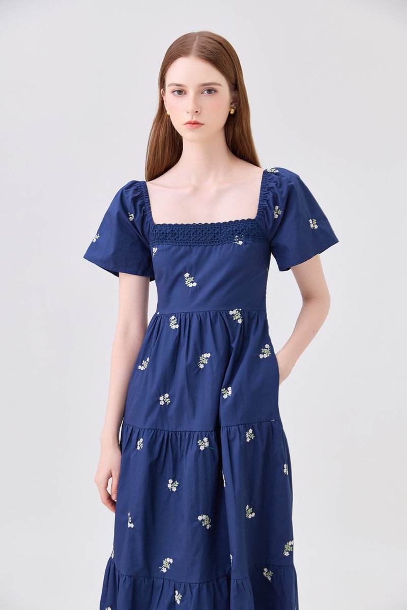 *ONLINE EXCLUSIVE* Elaina Embroidery Floral Crochet Midi Dress In Navy