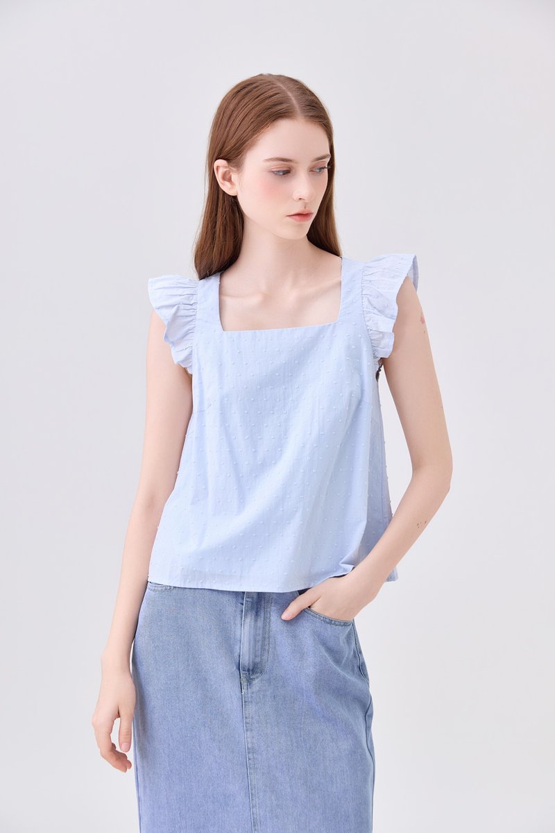 Delaney Swiss Dot Ruffles Top In Powder Blue