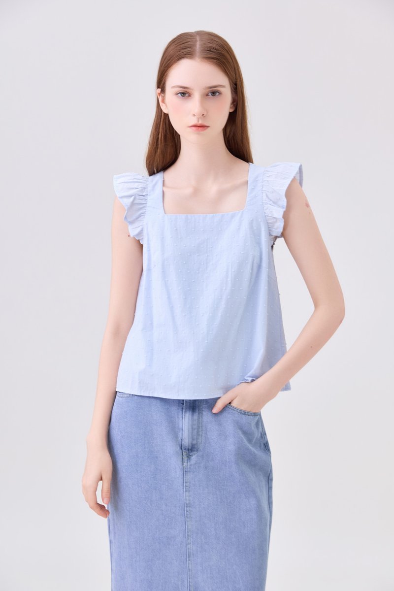Delaney Swiss Dot Ruffles Top In Powder Blue