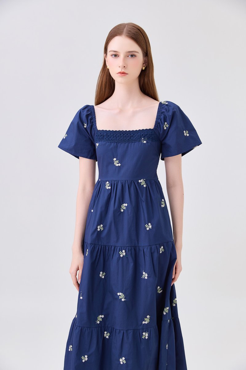 *ONLINE EXCLUSIVE* Elaina Embroidery Floral Crochet Midi Dress In Navy