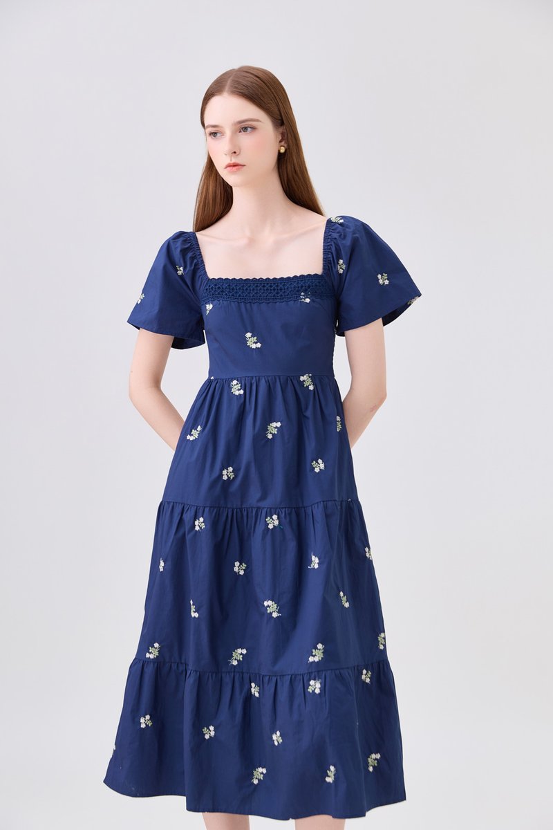 *ONLINE EXCLUSIVE* Elaina Embroidery Floral Crochet Midi Dress In Navy