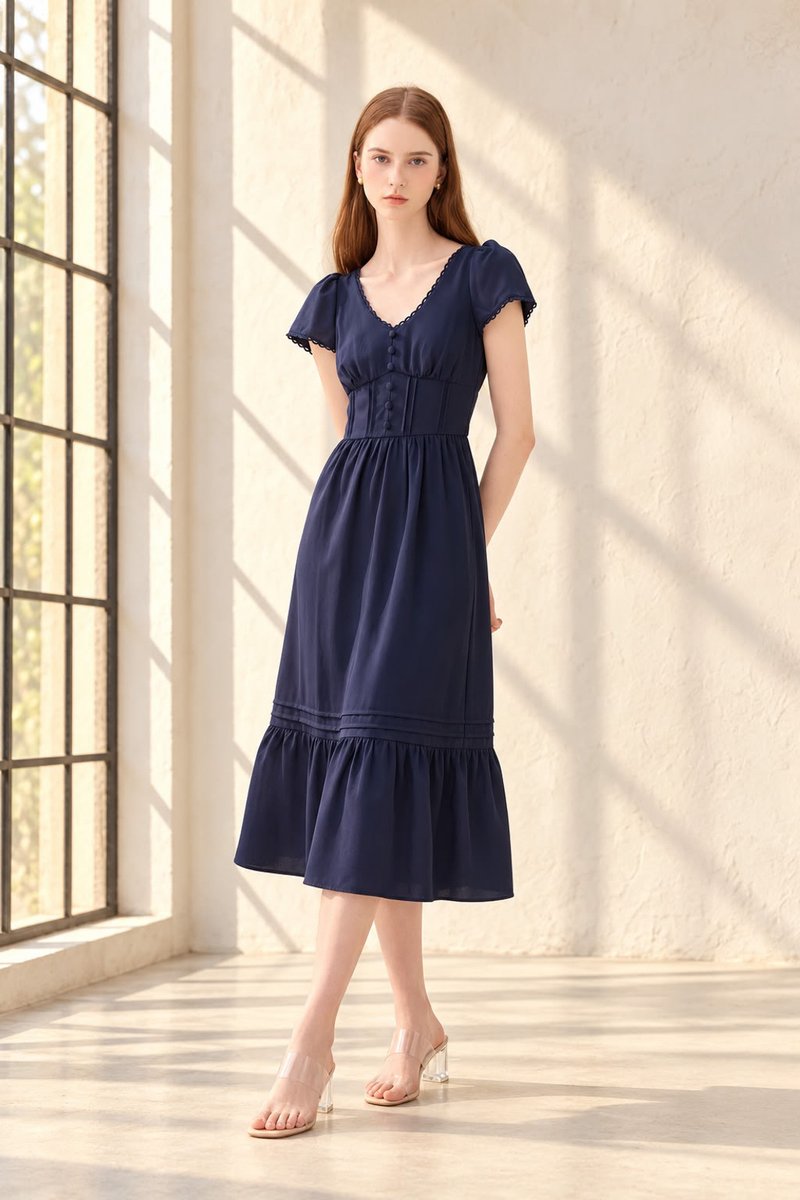 Florentine Empire Waist Pintuck Midi Dress In Navy