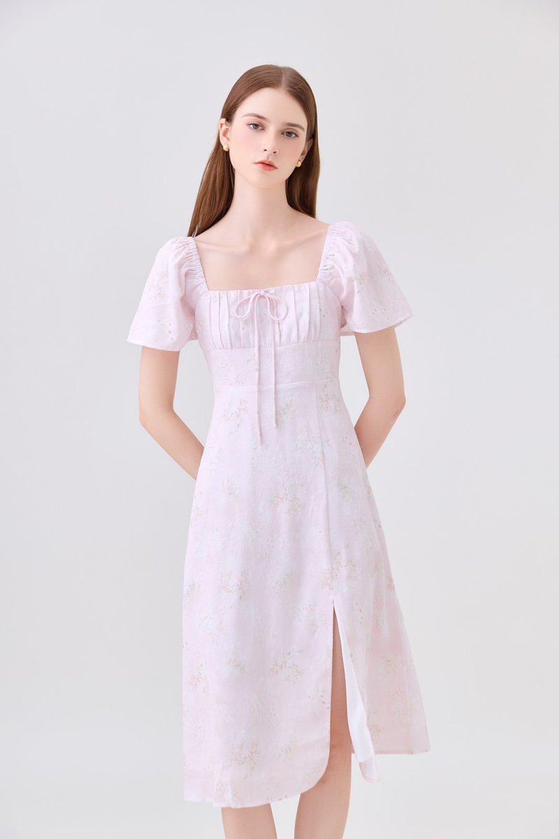 Soraya Ruched Floral Midi Dress In Pink