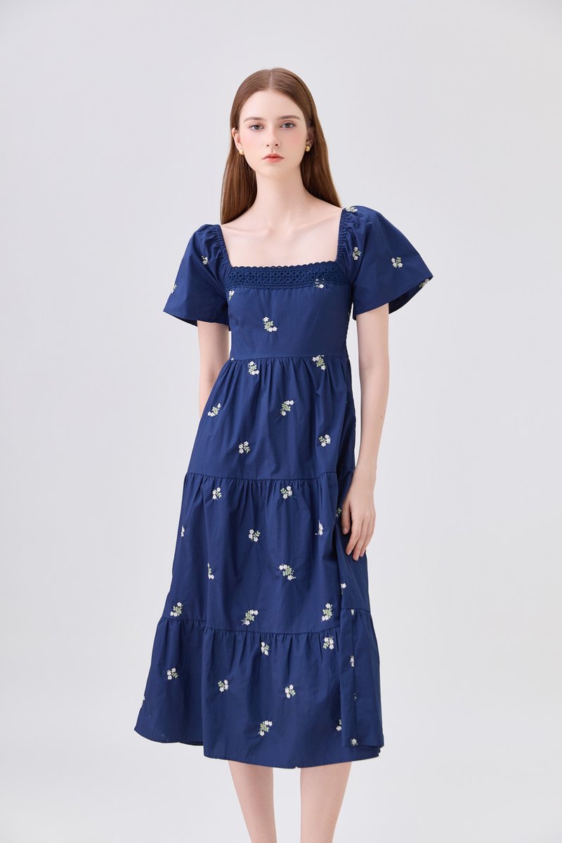 *ONLINE EXCLUSIVE* Elaina Embroidery Floral Crochet Midi Dress In Navy