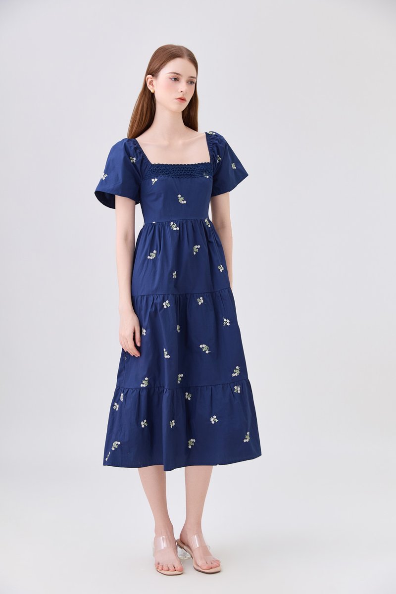 *ONLINE EXCLUSIVE* Elaina Embroidery Floral Crochet Midi Dress In Navy