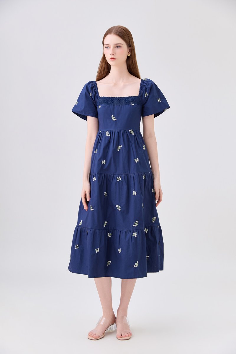 *ONLINE EXCLUSIVE* Elaina Embroidery Floral Crochet Midi Dress In Navy