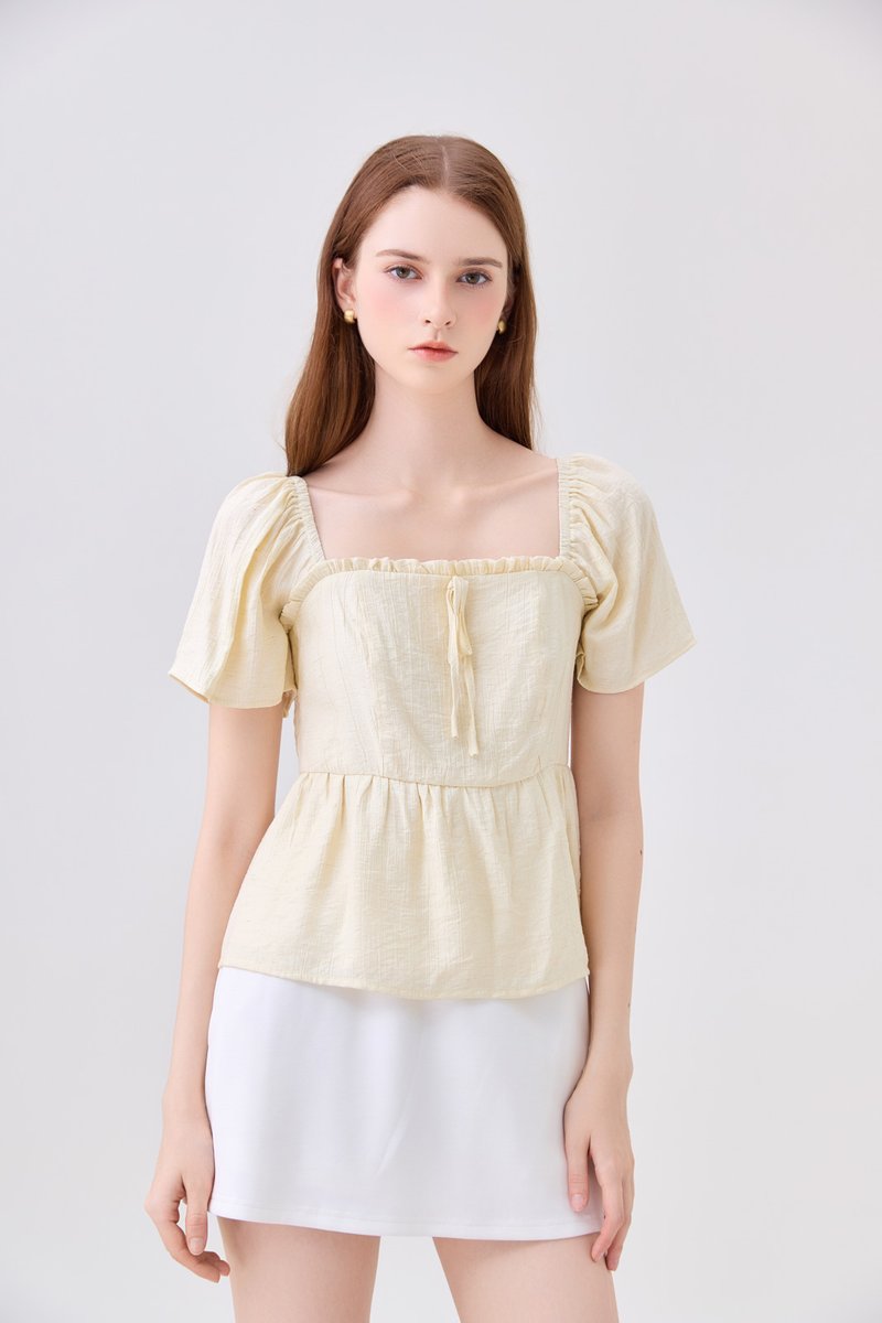 Zaya Textured Ribbon Babydoll Top In Butter Yellow