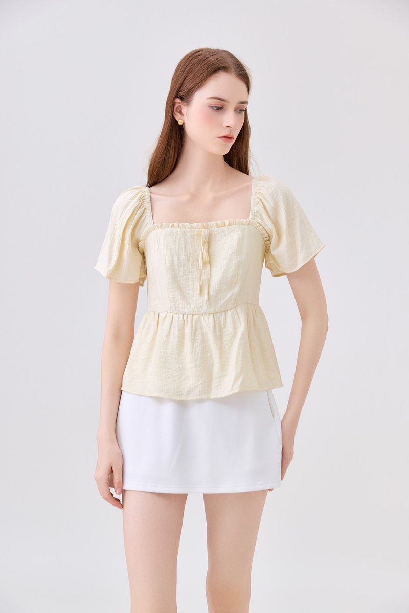 Zaya Textured Ribbon Babydoll Top In Butter Yellow