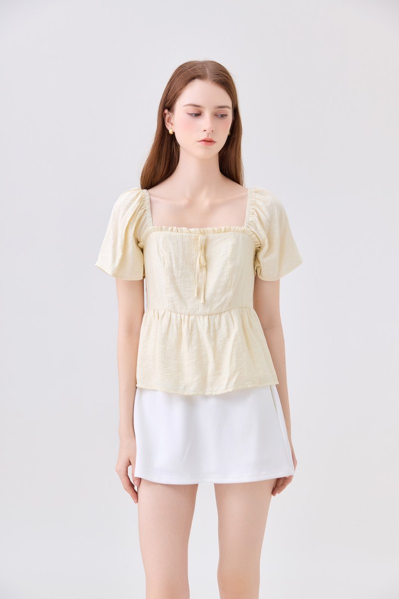 Zaya Textured Ribbon Babydoll Top In Butter Yellow