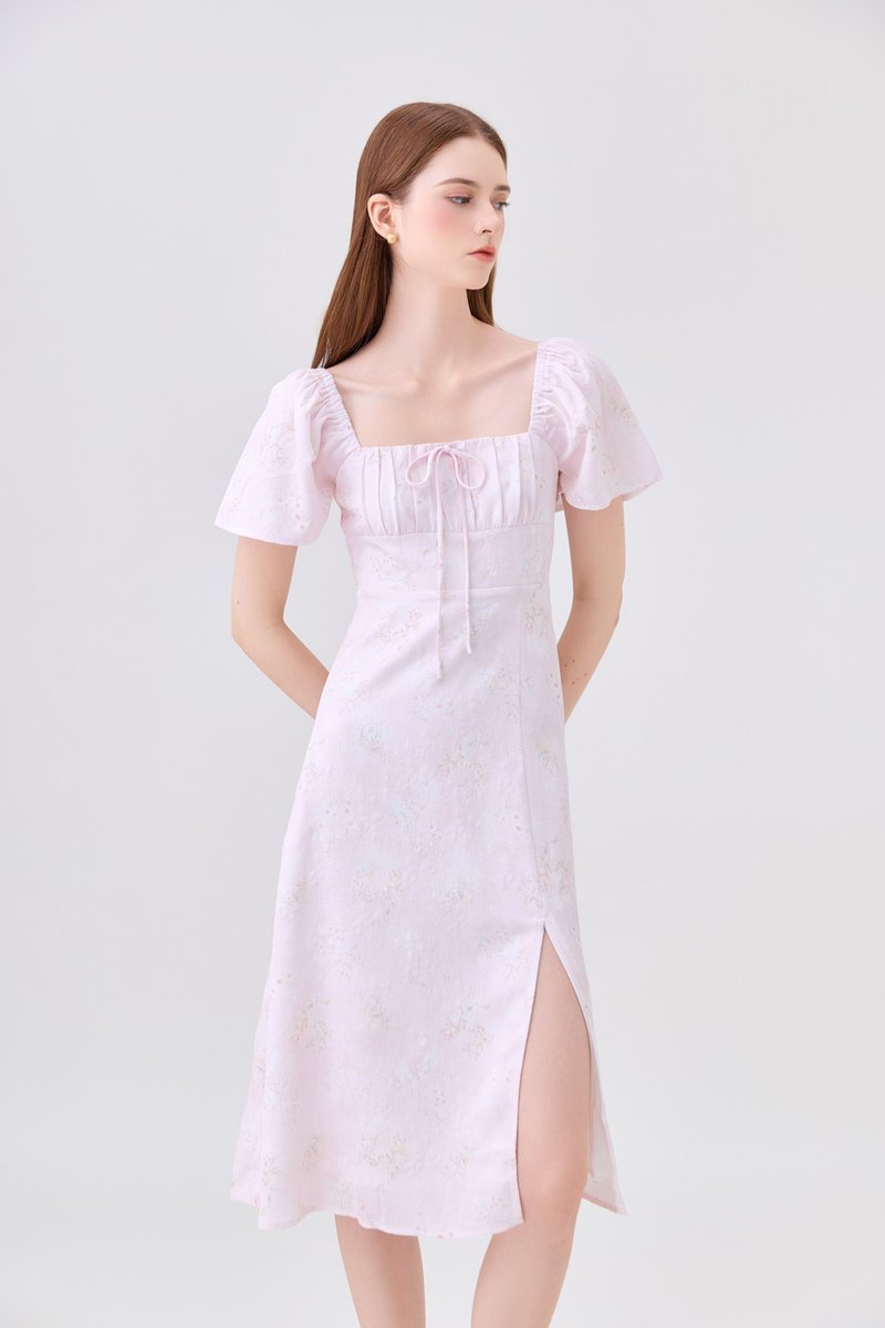 Soraya Ruched Floral Midi Dress In Pink