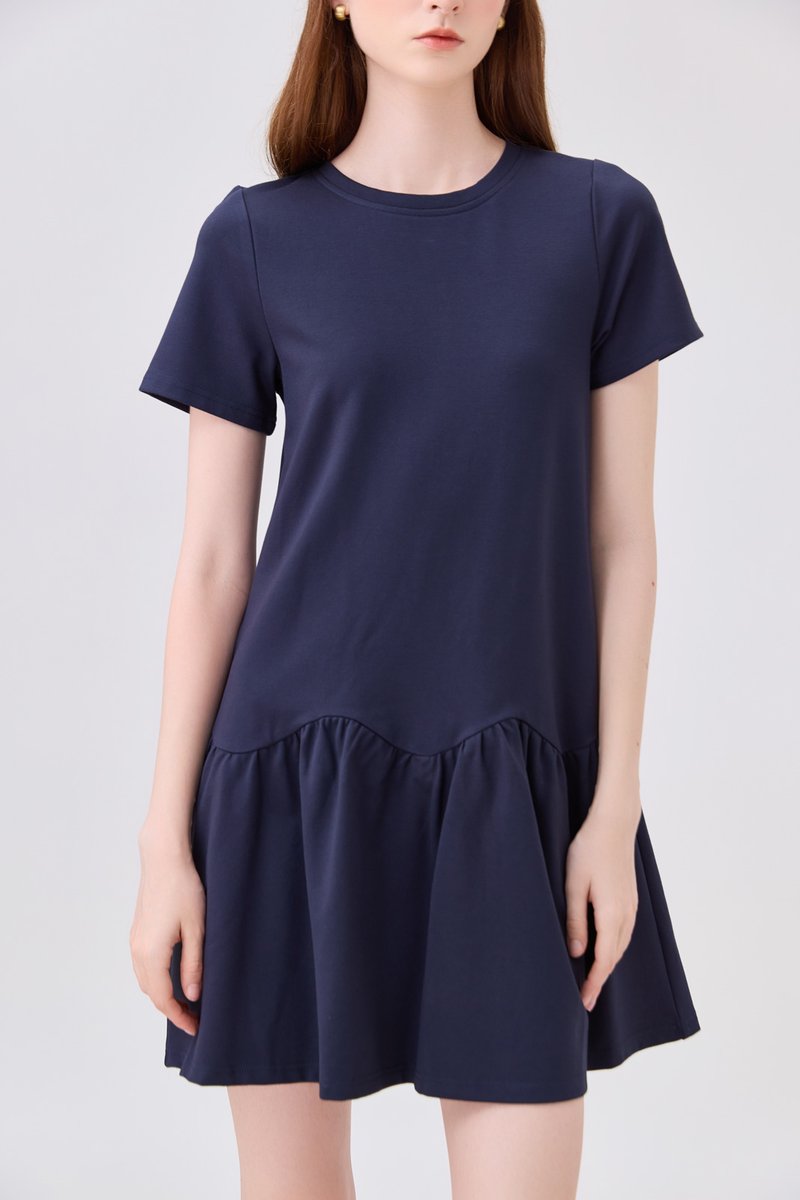 Tulia Cotton Scallop Dropwaist Dress In Navy