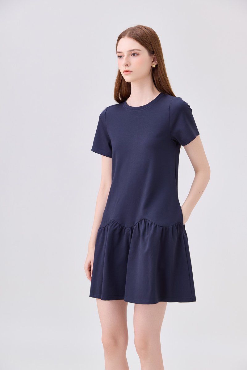 Tulia Cotton Scallop Dropwaist Dress In Navy