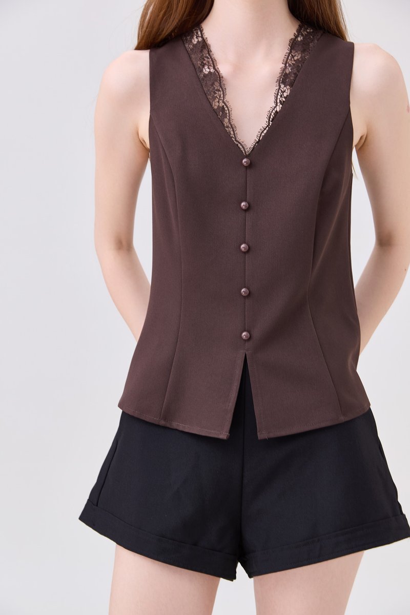 Lydia Lace Button Top In Espresso