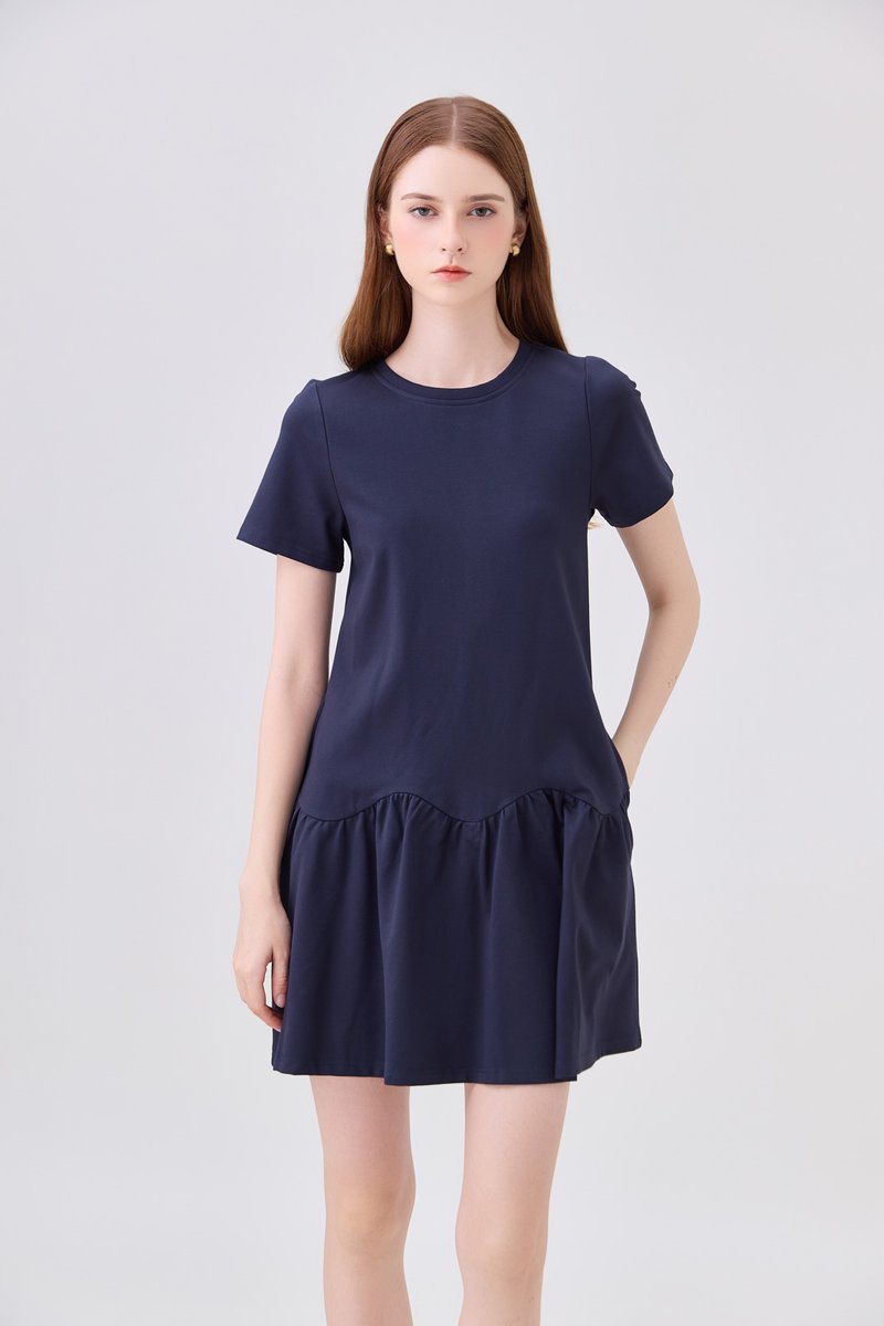 Tulia Cotton Scallop Dropwaist Dress In Navy